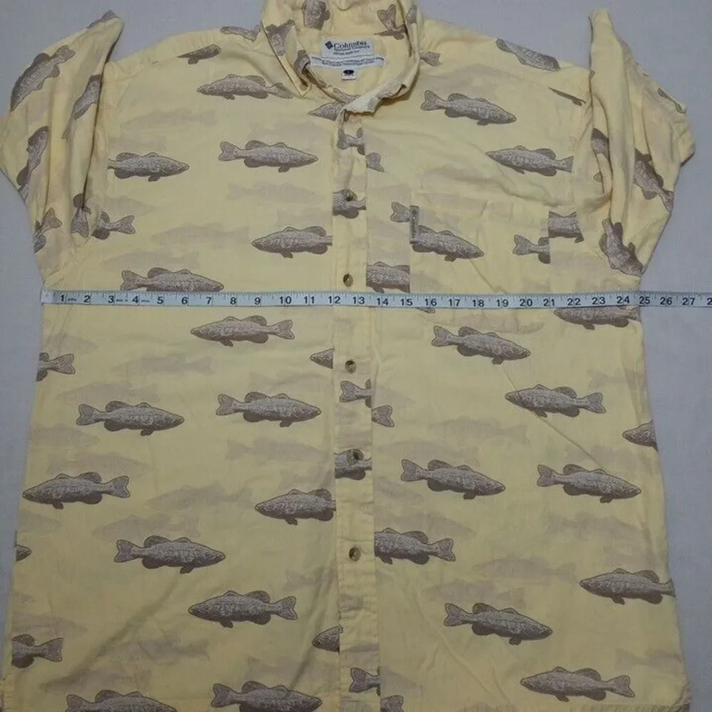 Columbia Men's Large Shirt Yellow Button Up All Over‎ Fish Cotton Viscose
